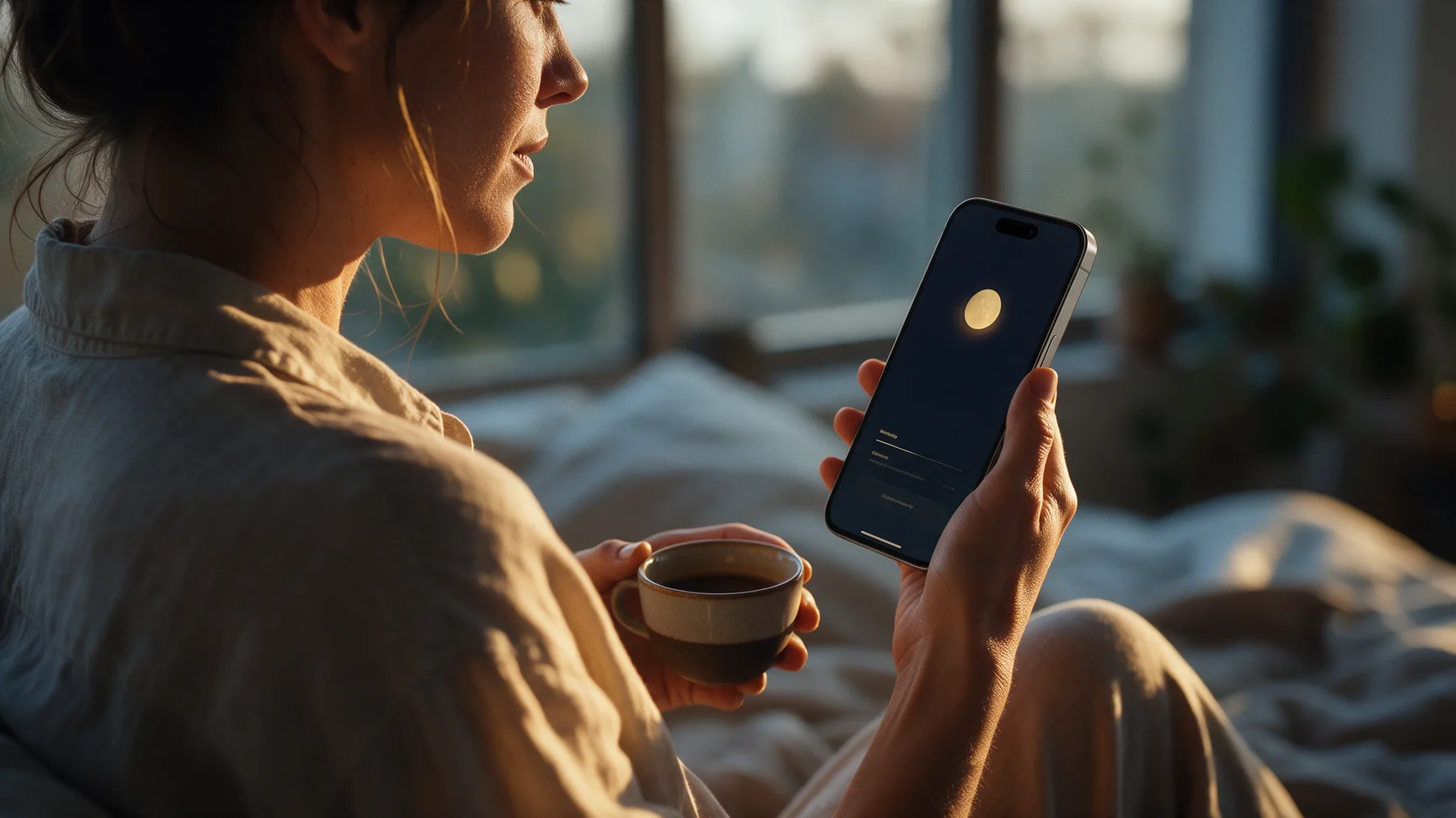 A woman by a sunny window in the morning, coffee in one hand, reading Auriana on her phone